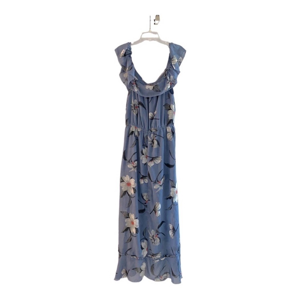 Blush Maxi dress. Shorter front. Ruffles neck down front hem Gorgeous floral L
C
